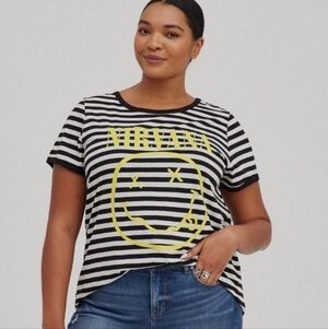 Black and White Striped Tee with Yellow Smiley